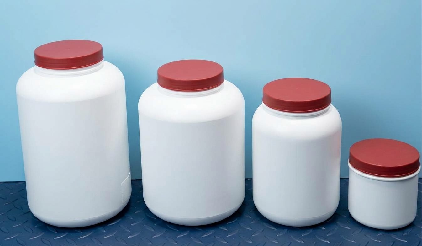 Cuatro tarros plásticos de boca ancha para alimentos con tapa vinotinto